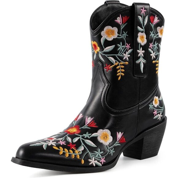 Shoes - Women's Flower Embroidered Chunky Heel Ankle Snip Square Toe Western Boot Black